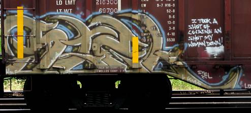 "I took a shot of cocaine & shot my woman down" - more enlightening saying on Vancouver Graffiti Trains!